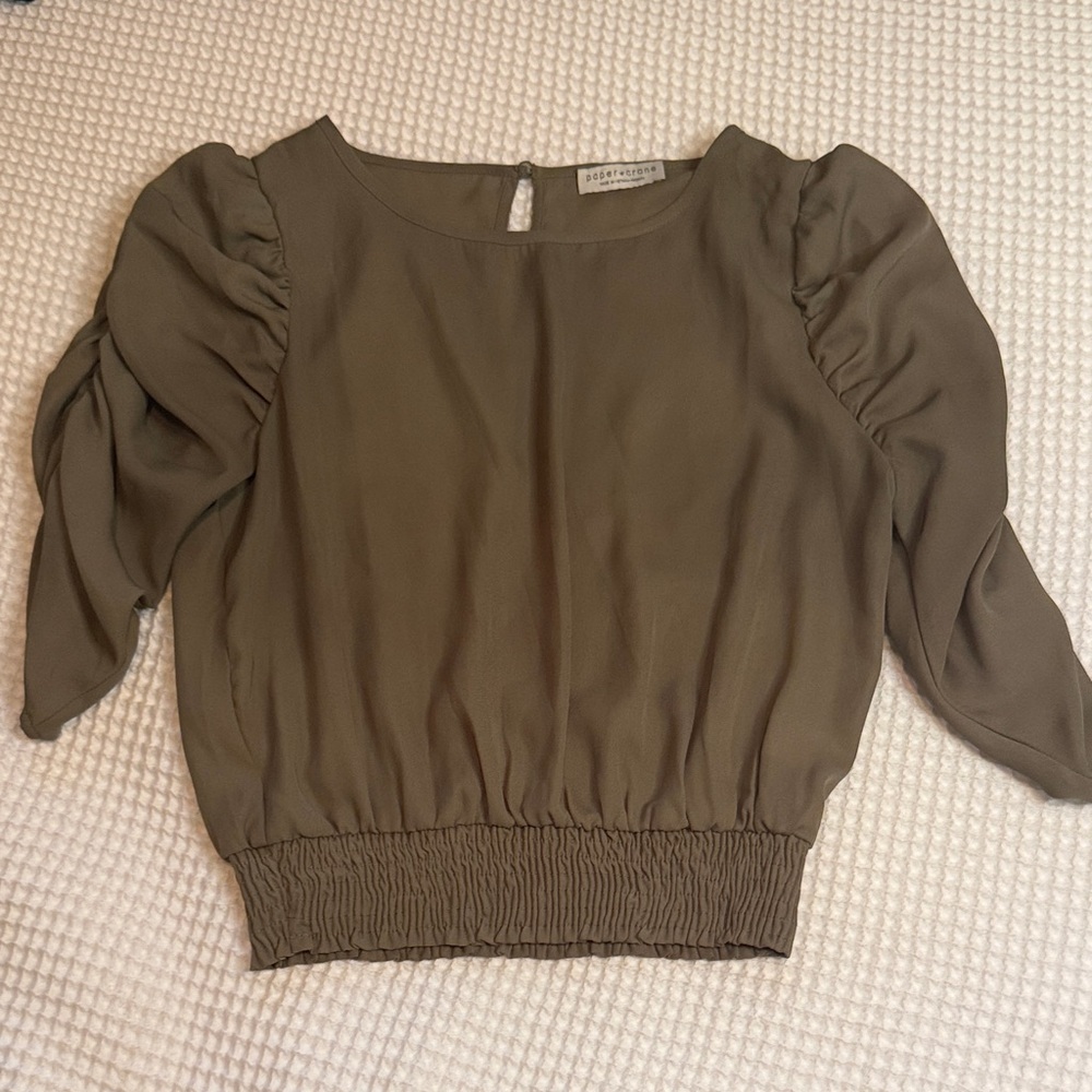 Club Monaco Olive Green Puff Sleeve Smocked-Hem Blouse